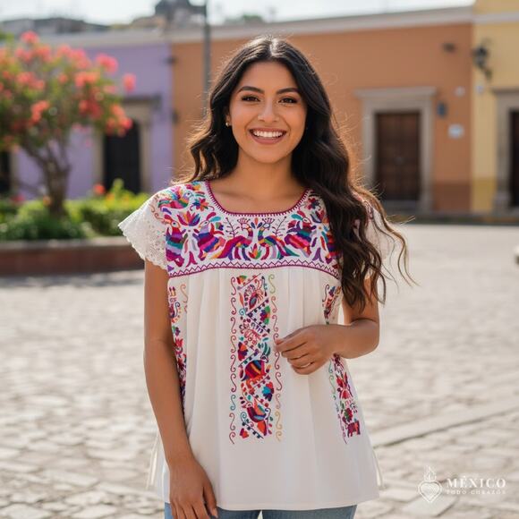 Mexican Hand embroidered bluse Size L - Picture 7 of 9